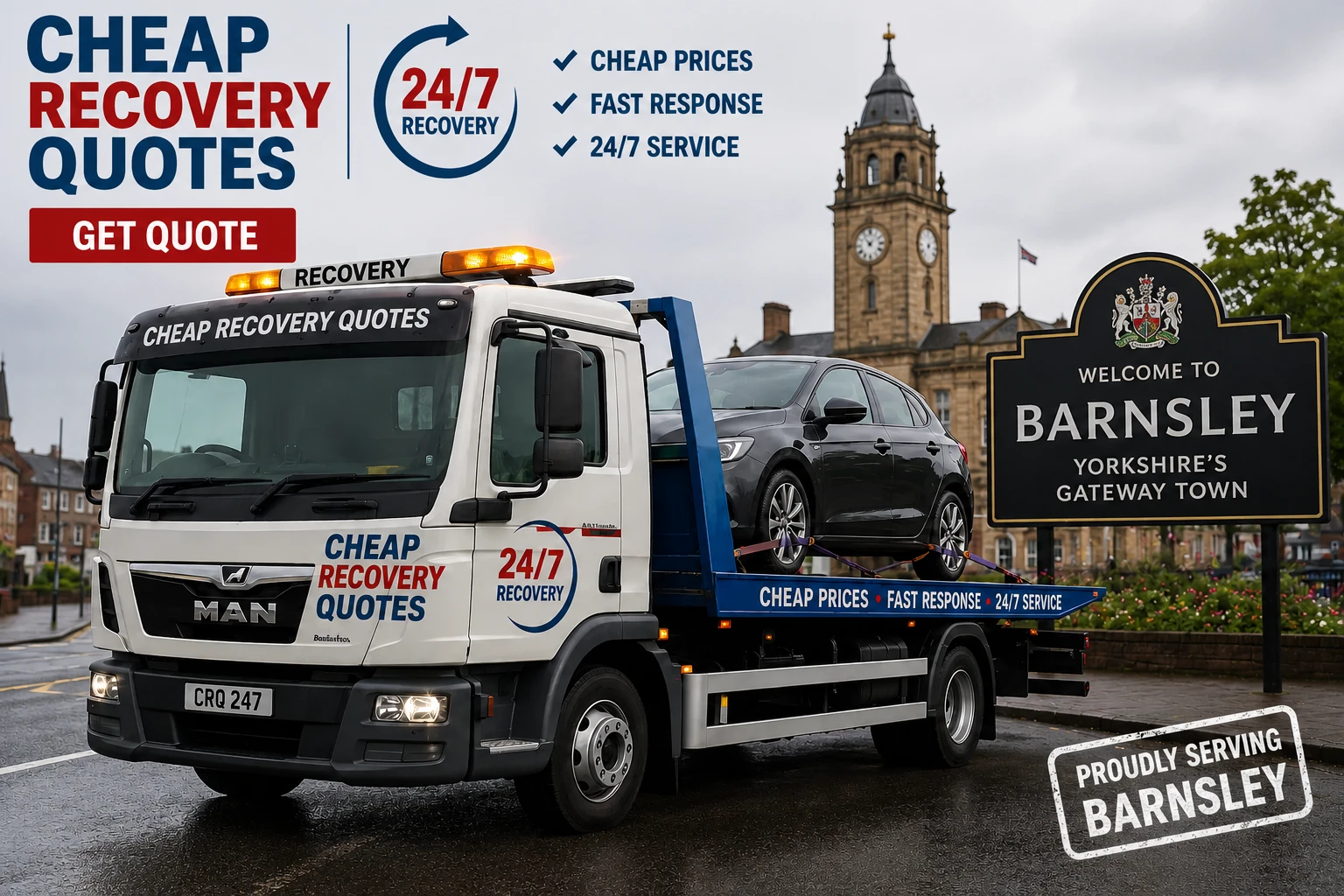 Vehicle recovery Barnsley with flatbed tow truck for car recovery towing and roadside assistance