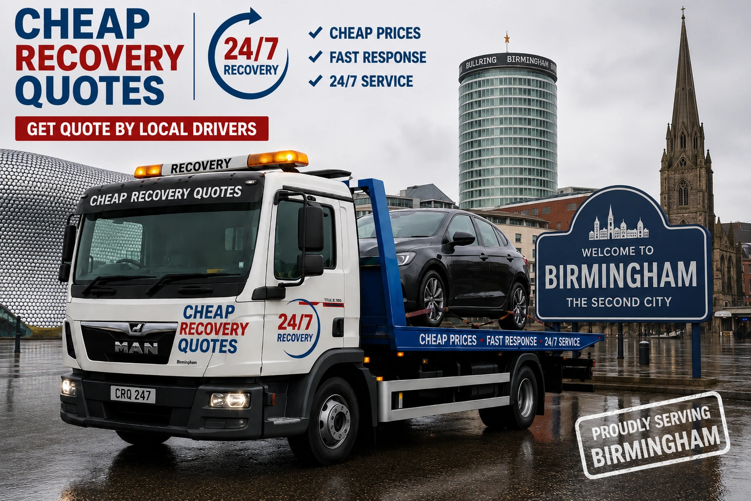 Vehicle recovery Birmingham with flatbed tow truck for car recovery towing and roadside assistance