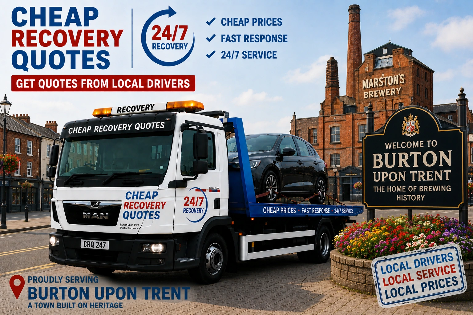 Vehicle recovery Burton upon Trent with flatbed tow truck for car recovery towing and roadside assistance