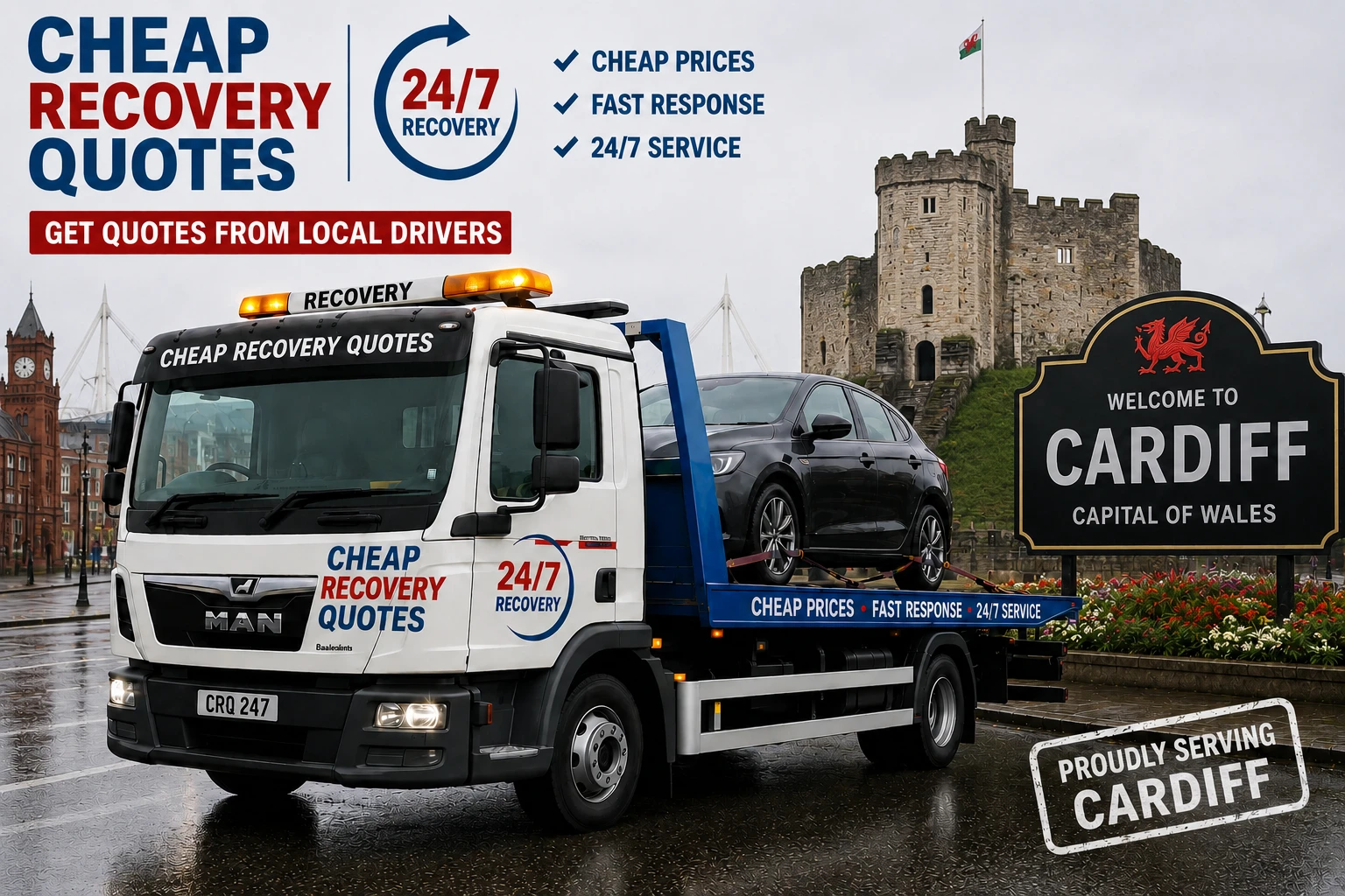 Vehicle recovery Cardiff with flatbed tow truck for car recovery towing and roadside assistance