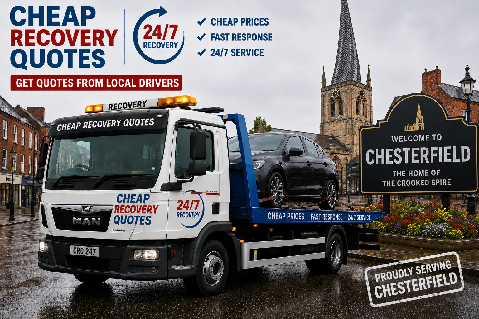 Vehicle recovery Chesterfield with flatbed tow truck for car recovery towing and roadside assistance