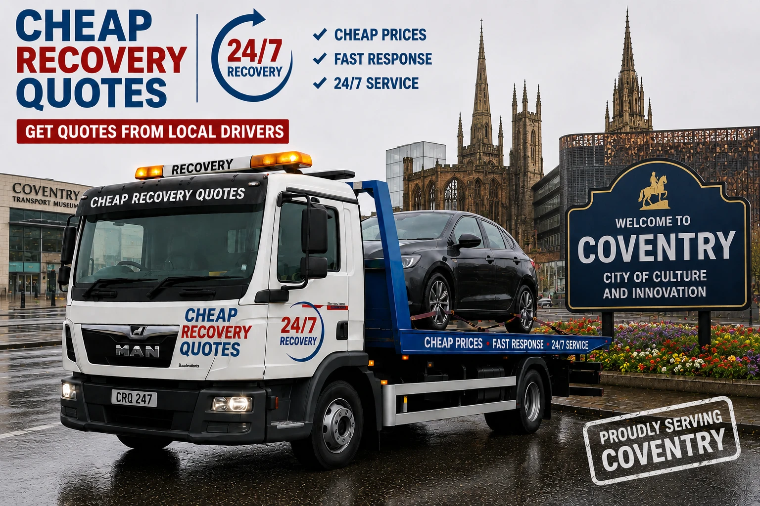 Vehicle recovery Coventry with flatbed tow truck for car recovery towing and roadside assistance