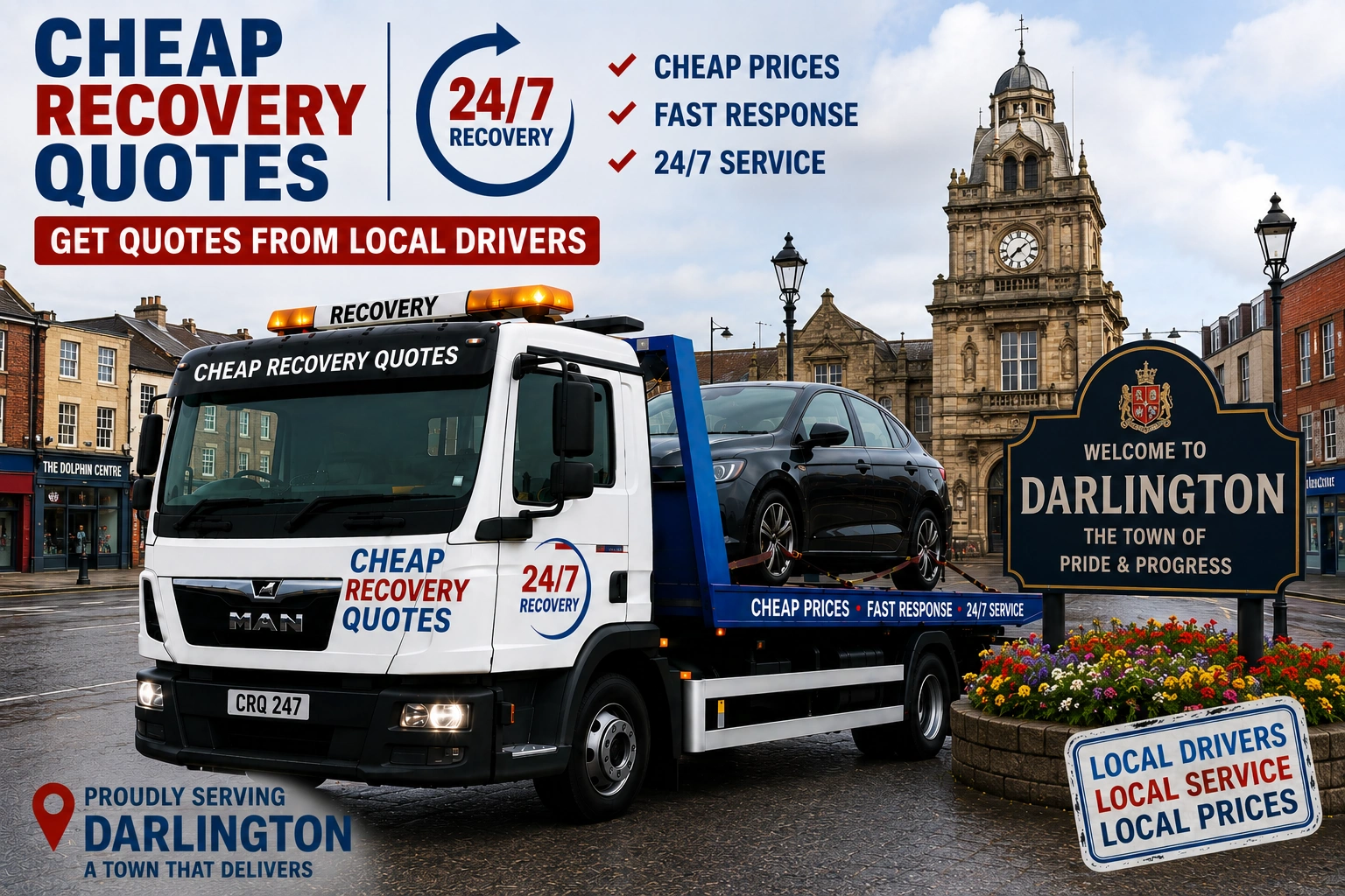 Vehicle recovery Darlington with flatbed tow truck for car recovery towing and roadside assistance