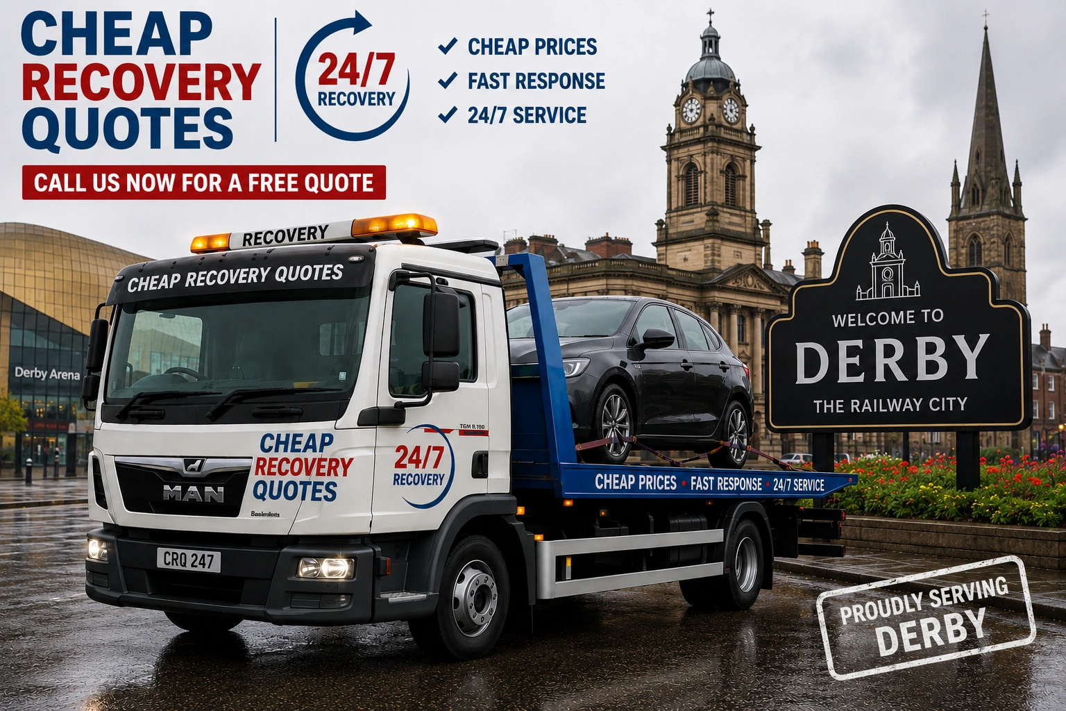 Vehicle recovery Derby with flatbed tow truck for car recovery towing and roadside assistance