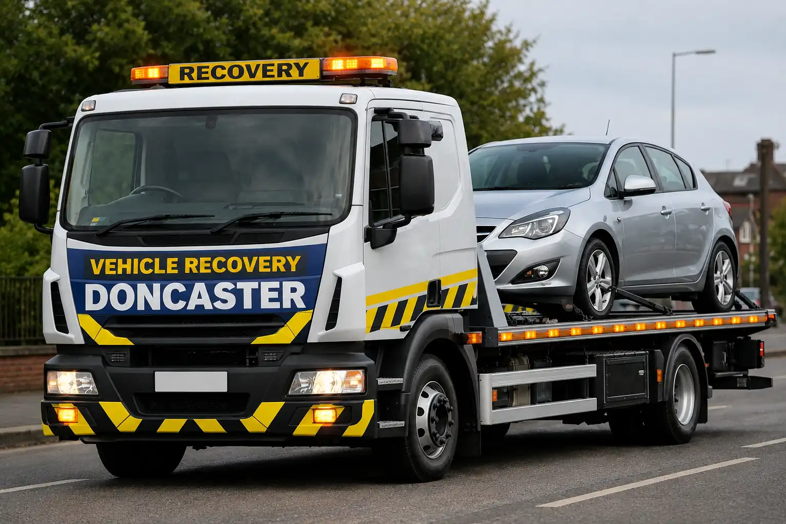 Vehicle recovery Doncaster flatbed tow truck transporting a silver car