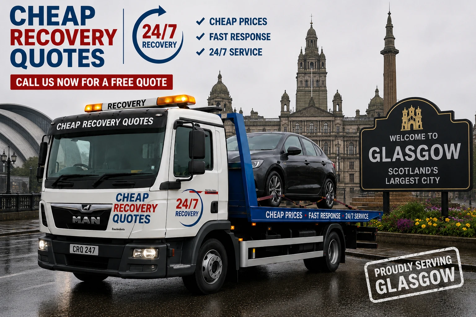 Vehicle recovery Glasgow with flatbed tow truck for car recovery towing and roadside assistance