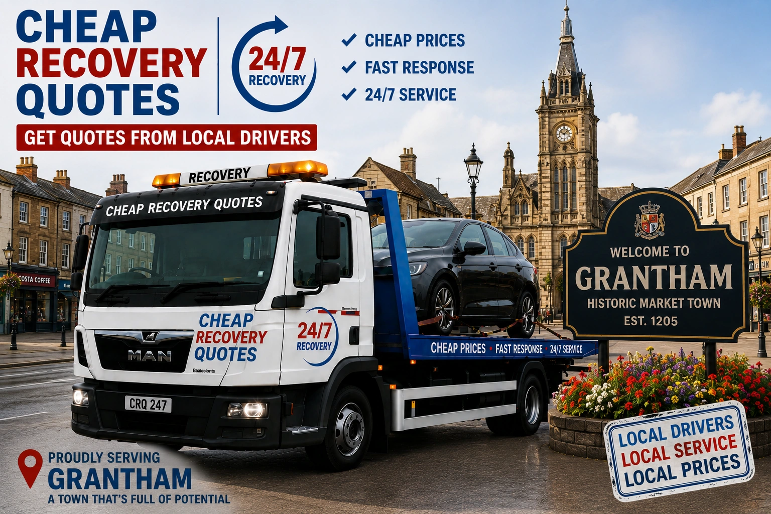 Vehicle recovery Grantham with flatbed tow truck for car recovery towing and roadside assistance
