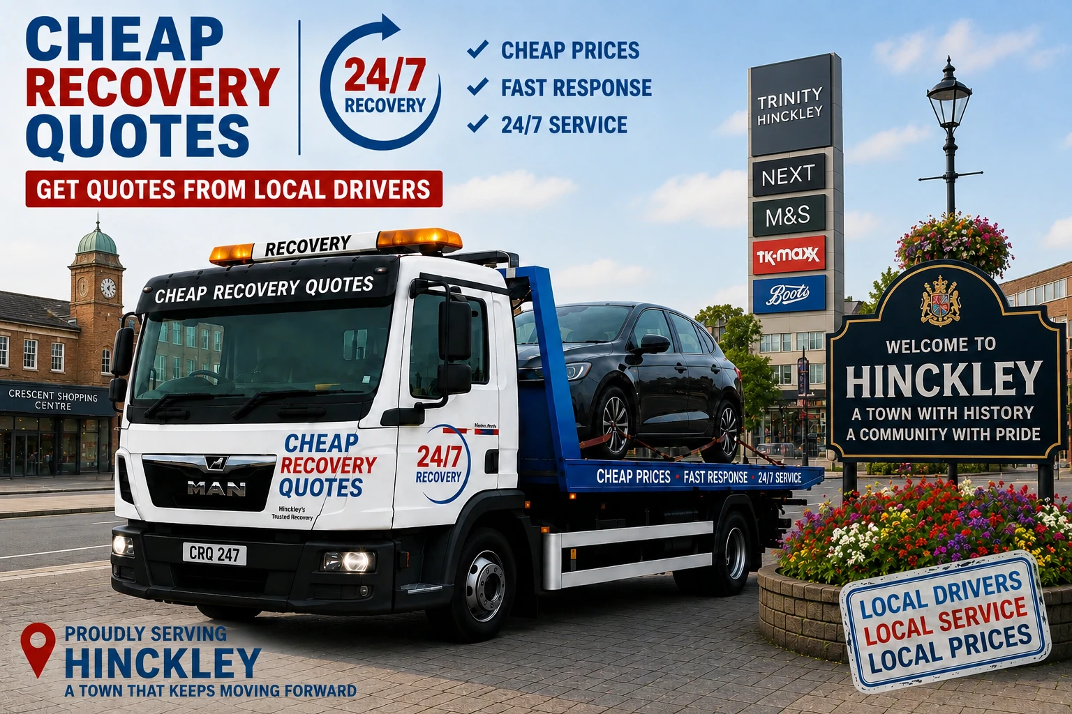 Vehicle recovery Hinckley with flatbed tow truck for car recovery towing and roadside assistance