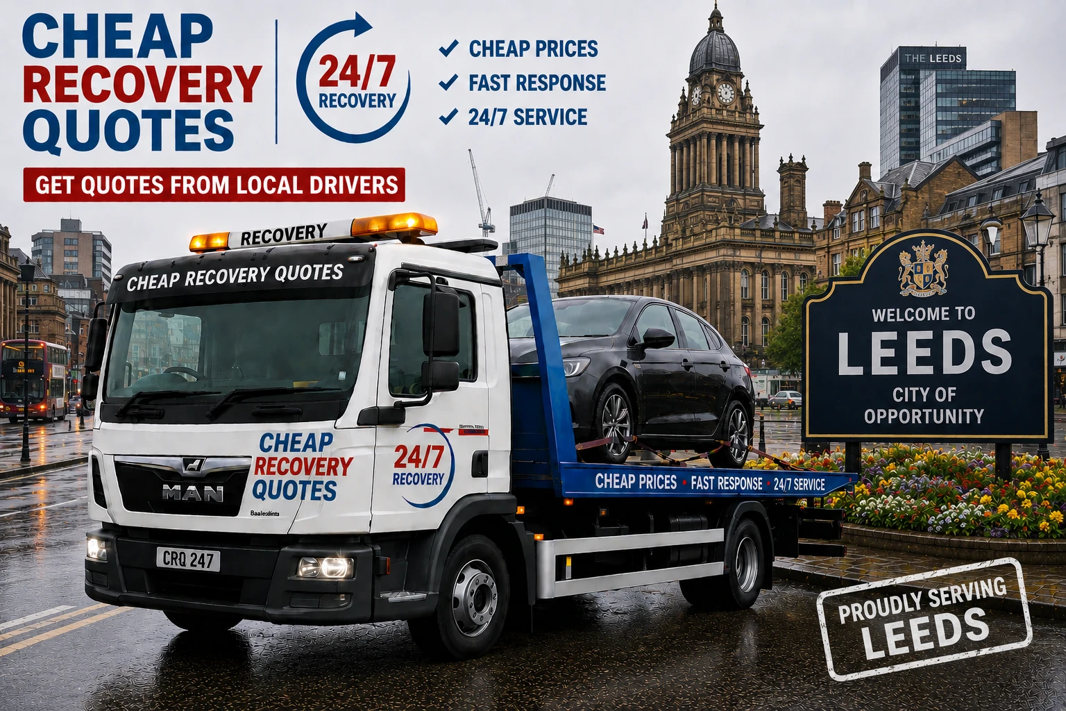 Vehicle recovery Leeds with flatbed tow truck for car recovery towing and roadside assistance