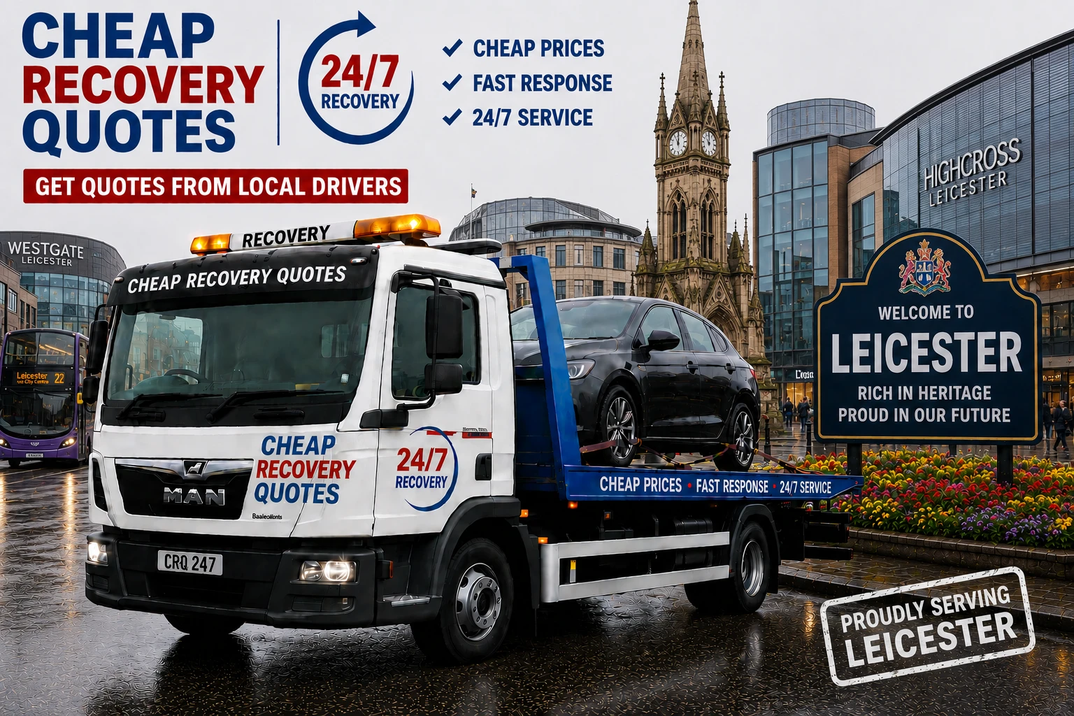 Vehicle recovery Leicester with flatbed tow truck for car recovery towing and roadside assistance