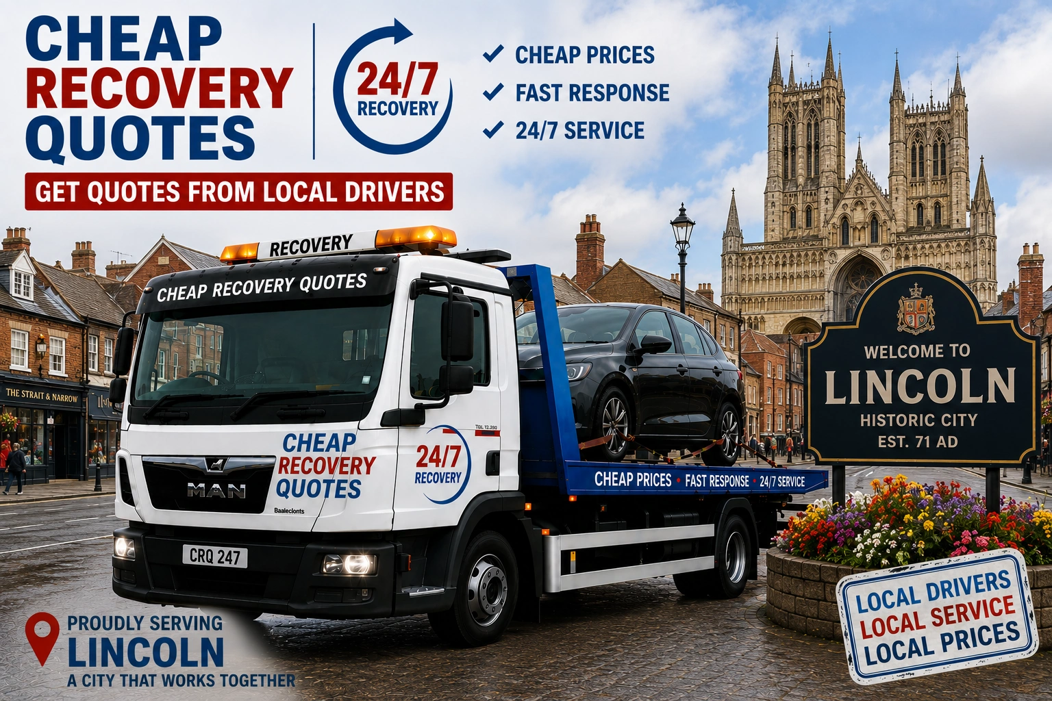 Vehicle recovery Lincoln with flatbed tow truck for car recovery towing and roadside assistance