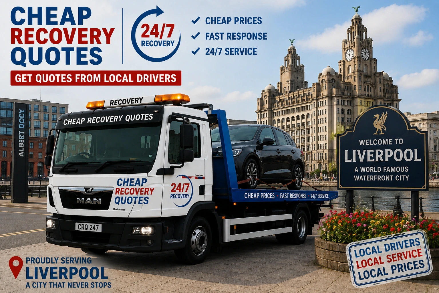 Vehicle recovery Liverpool with flatbed tow truck for car recovery towing and roadside assistance