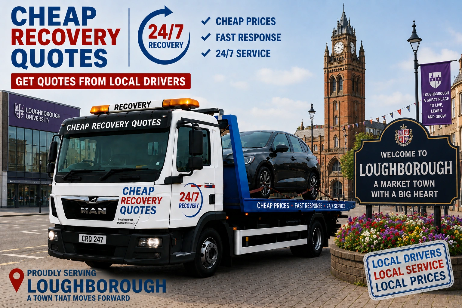 Vehicle recovery Loughborough with flatbed tow truck for car recovery towing and roadside assistance