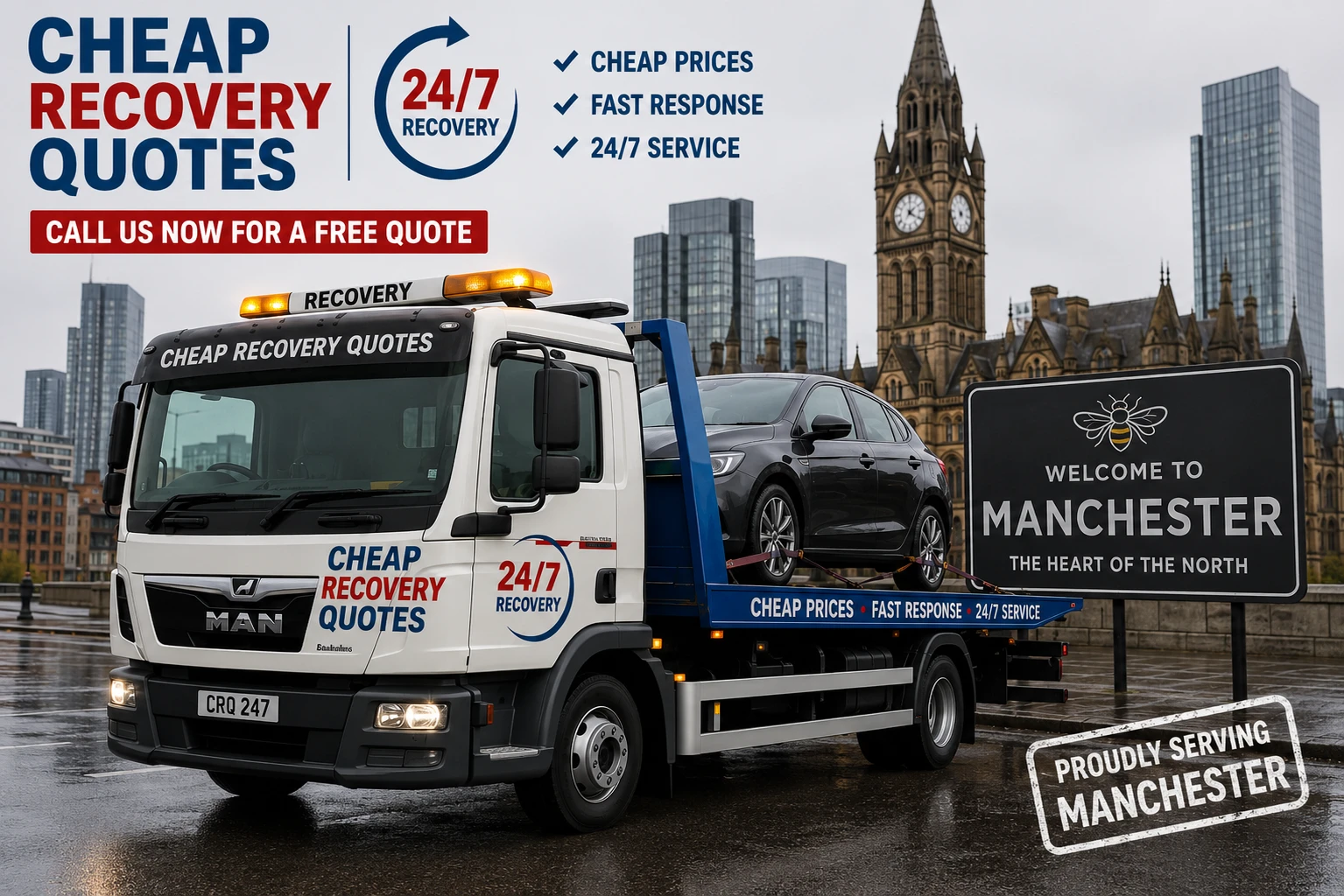 Vehicle recovery Manchester with flatbed tow truck for car recovery towing and roadside assistance