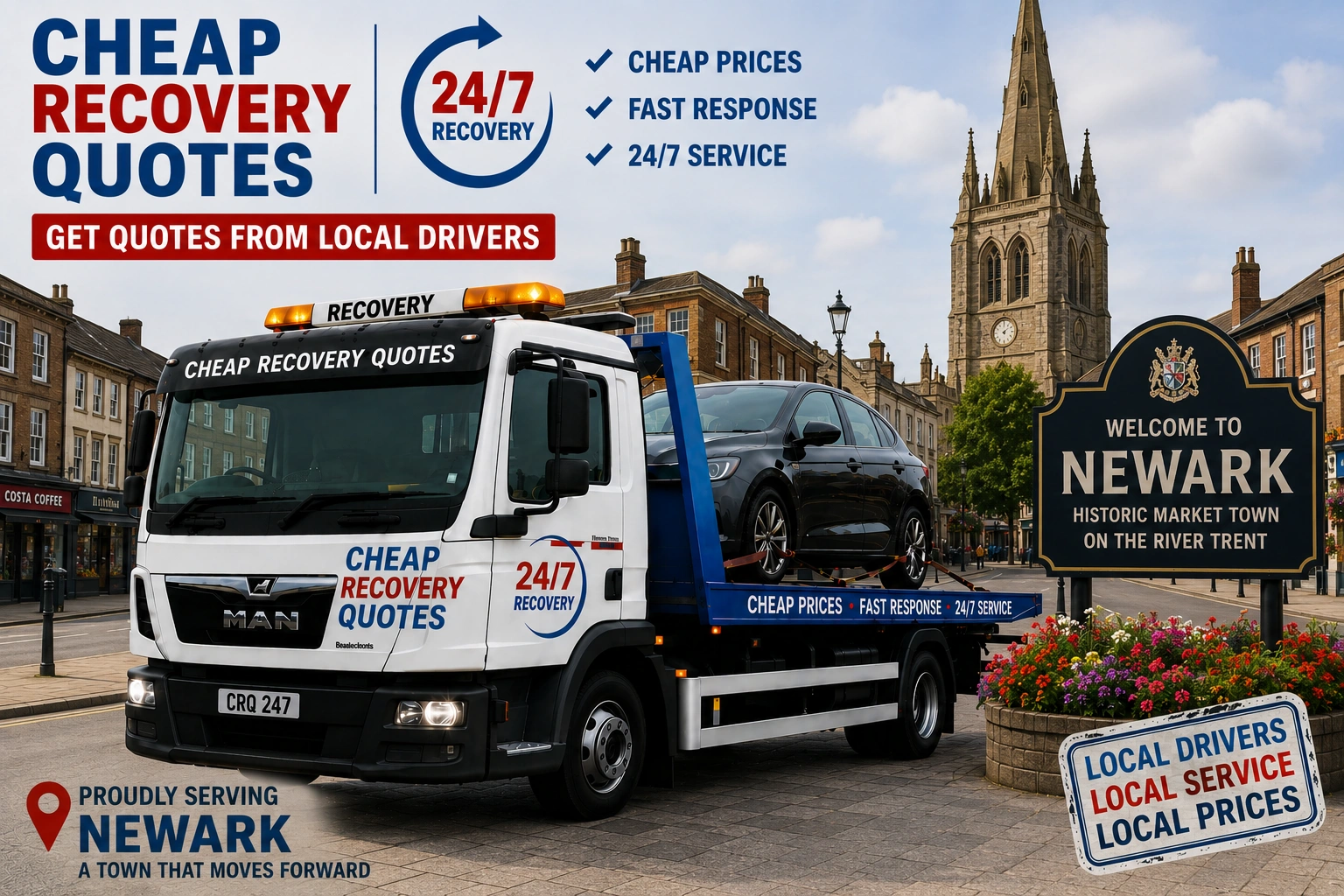 Vehicle recovery Newark with flatbed tow truck for car recovery towing and roadside assistance