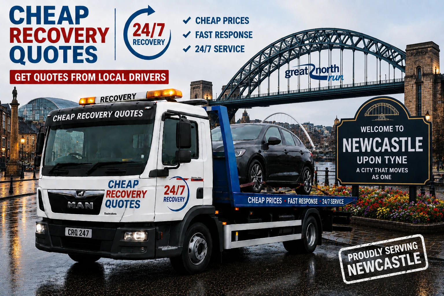 Vehicle recovery Newcastle with flatbed tow truck for car recovery towing and roadside assistance