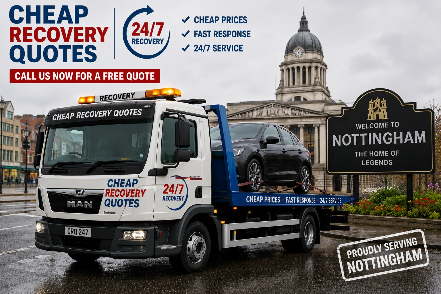 Vehicle recovery Nottingham with flatbed tow truck for car recovery towing and roadside assistance