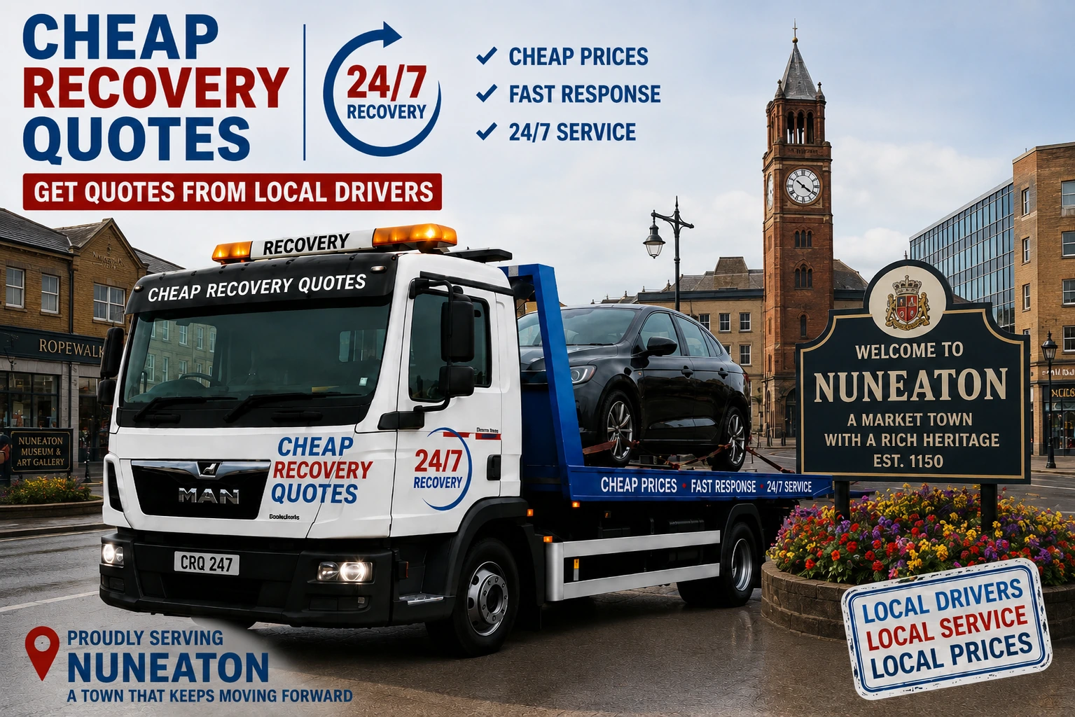 Vehicle recovery Nuneaton with flatbed tow truck for car recovery towing and roadside assistance