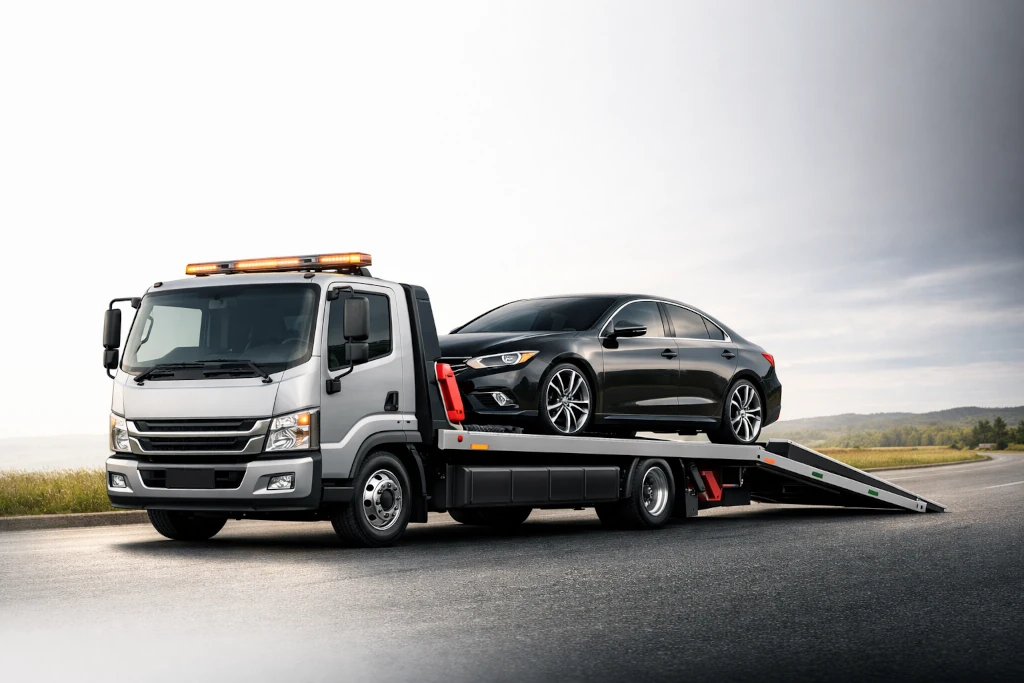 Flatbed recovery truck carrying a black saloon car