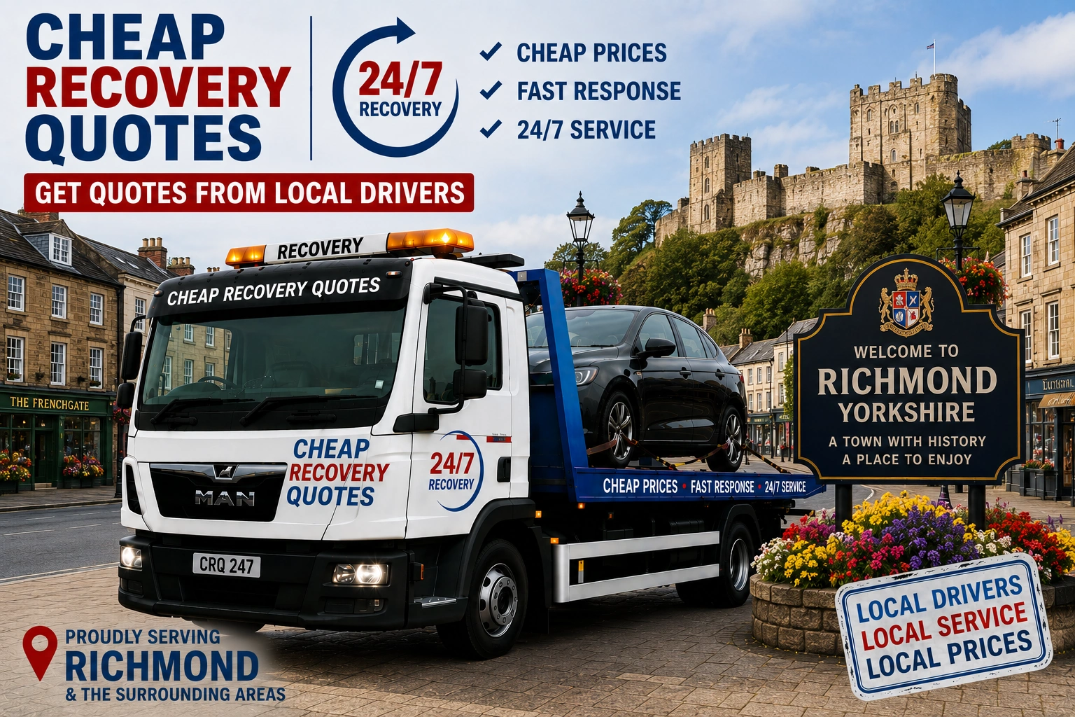 Vehicle recovery Richmond Yorkshire with flatbed tow truck for car recovery towing and roadside assistance
