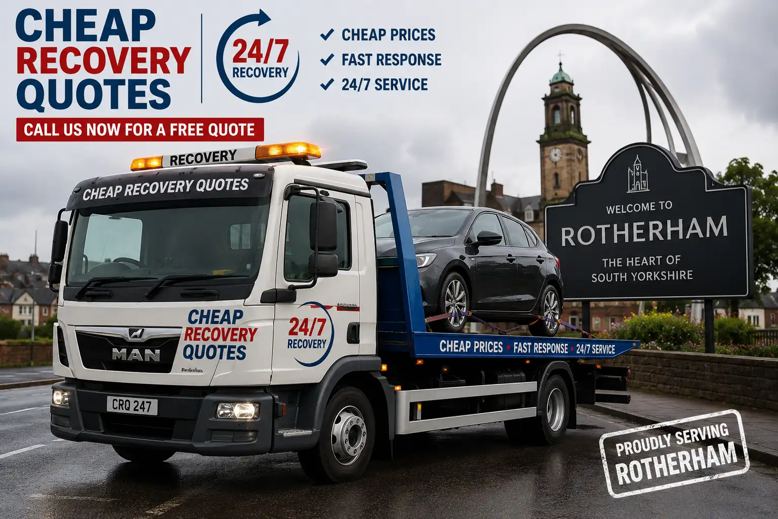 Vehicle recovery Rotherham with flatbed tow truck for breakdown recovery and roadside assistance