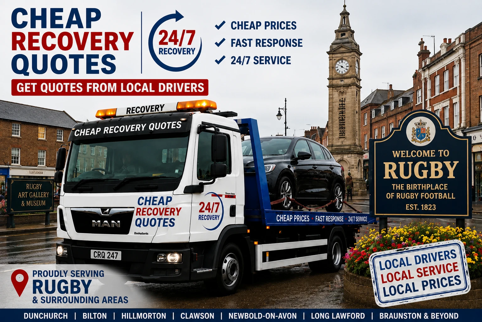 Vehicle recovery Rugby with flatbed tow truck for car recovery towing and roadside assistance
