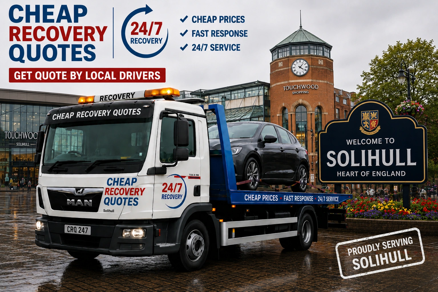 Vehicle recovery Solihull with flatbed tow truck for car recovery towing and roadside assistance