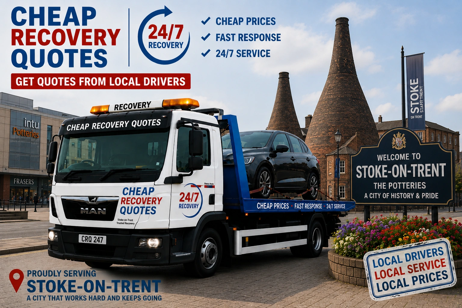 Vehicle recovery Stoke-on-Trent with flatbed tow truck for car recovery towing and roadside assistance