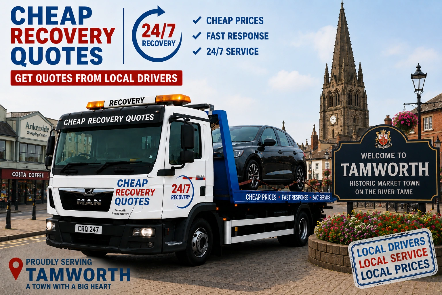 Vehicle recovery Tamworth with flatbed tow truck for car recovery towing and roadside assistance