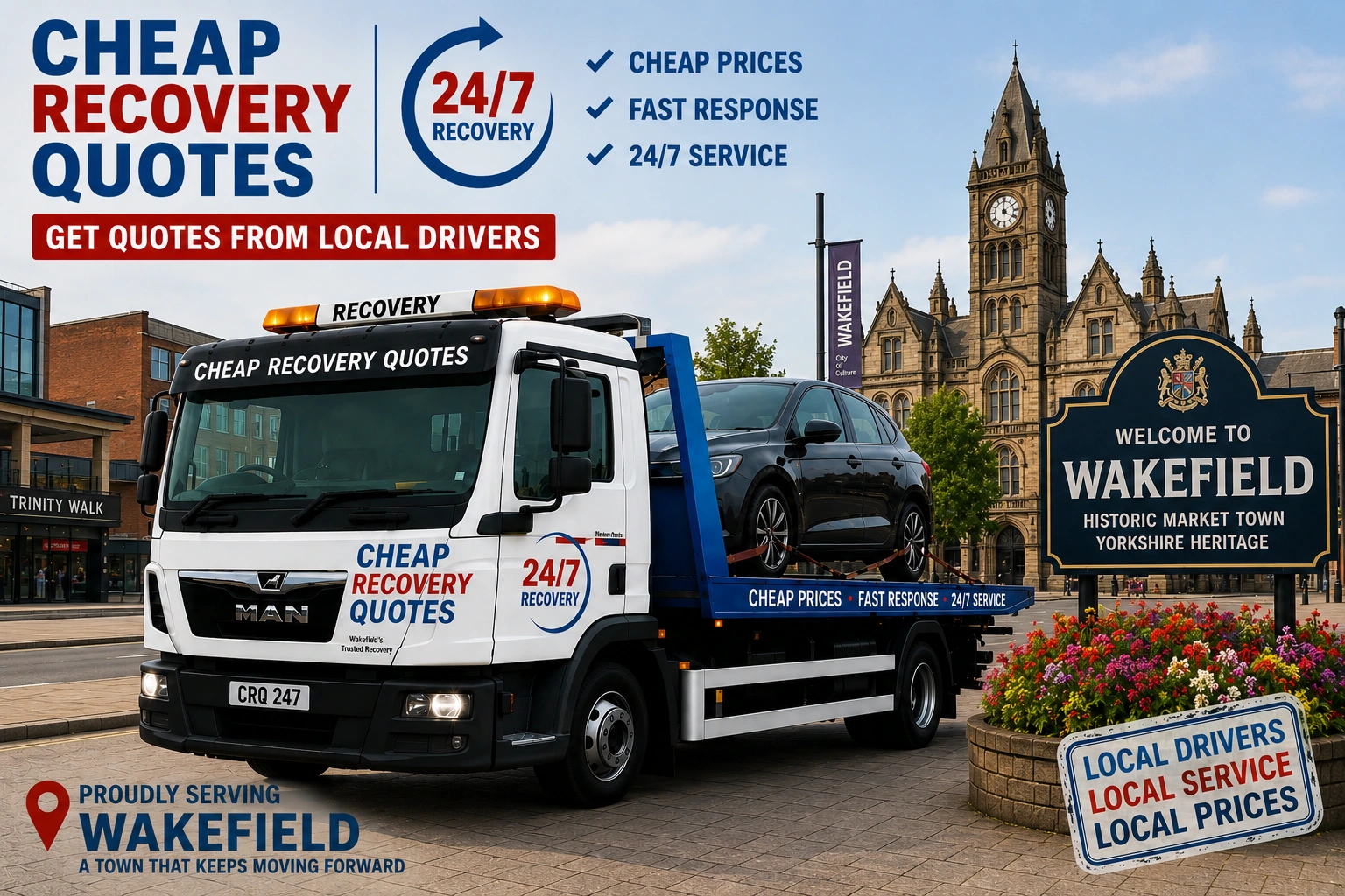 Vehicle recovery Wakefield with flatbed tow truck for car recovery towing and roadside assistance