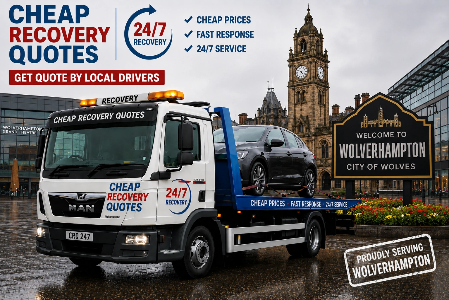 Vehicle recovery Wolverhampton with flatbed tow truck for car recovery towing and roadside assistance