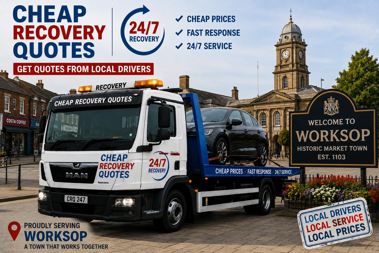 Vehicle recovery Worksop with flatbed tow truck for car recovery towing and roadside assistance