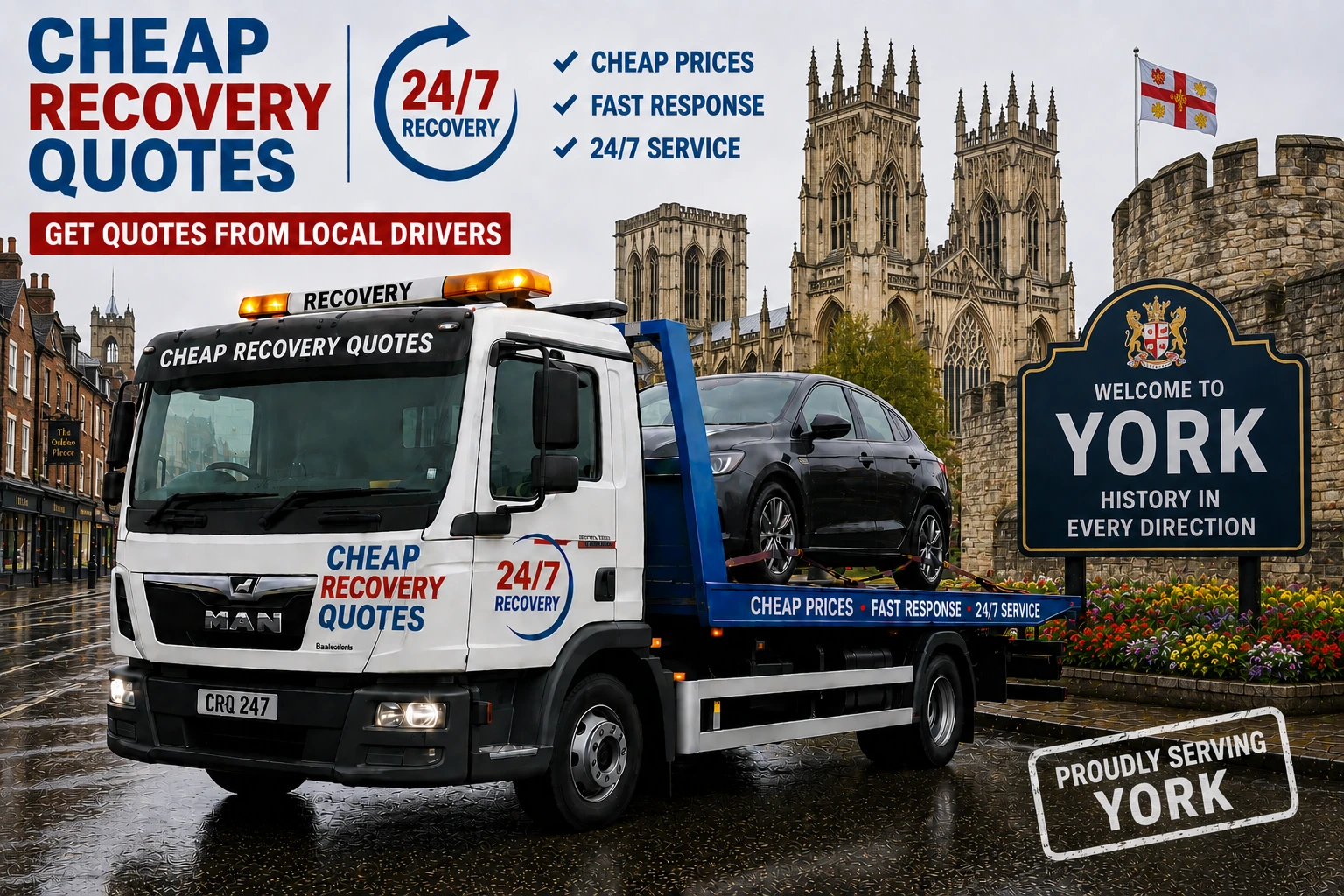 Vehicle recovery York with flatbed tow truck for car recovery towing and roadside assistance